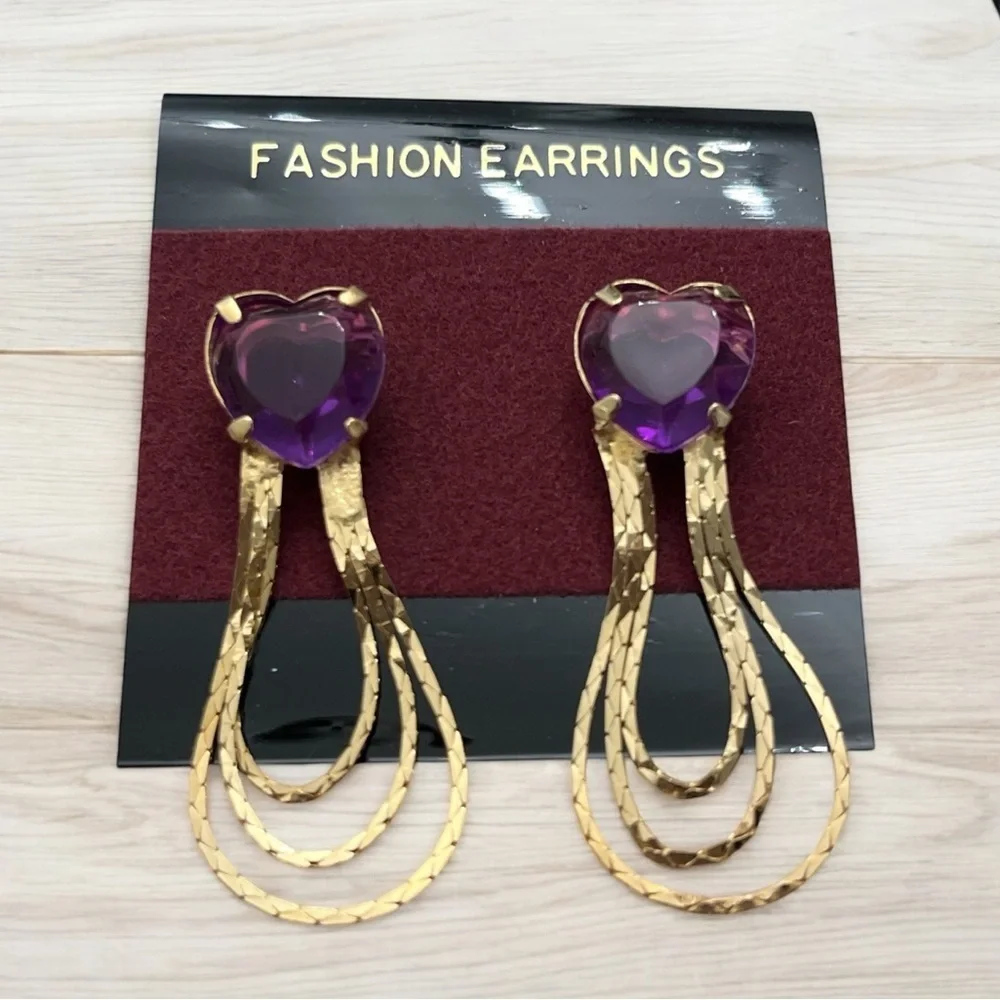 NWT Fashion Earrings Heart Romance Drop Dangle Earrings - Purple and Gold - Picture 1 of 4
